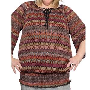 Roz & Ali Plus Size 2X Bell Sleeve Knit Lined Smocked Hem Geo Retro Print Blouse